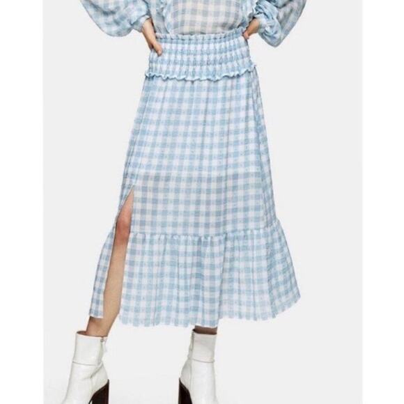 NWT Topshop Light Blue Gingham Check Midi Skirt Size 8 - Picture 6 of 7